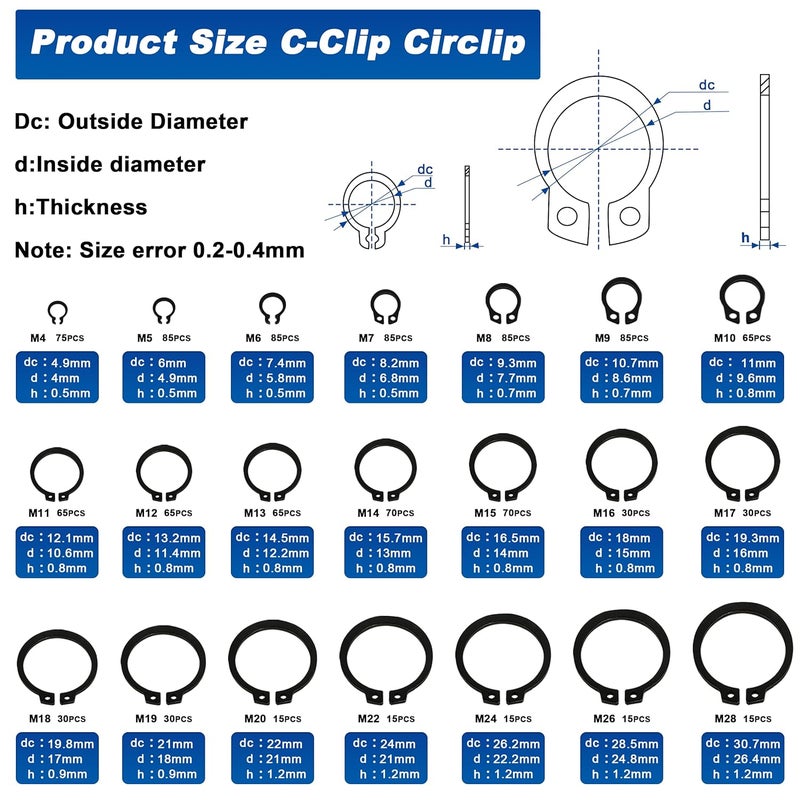 Daptemn External Retaining Rings Assortment Kit, 1095 PCS Circlip Snap Retaining C-Clips Black Alloy Steel Rings and 1 PC Tweezers, Includes Sizes of M4-M28 - Image 2